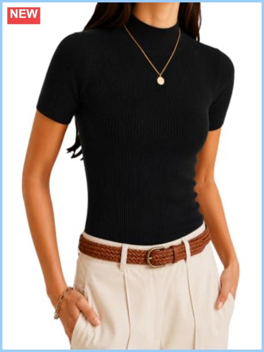 Womens Mock Neck Short Sleeve Ribbed Knit Pullover Sweater Top